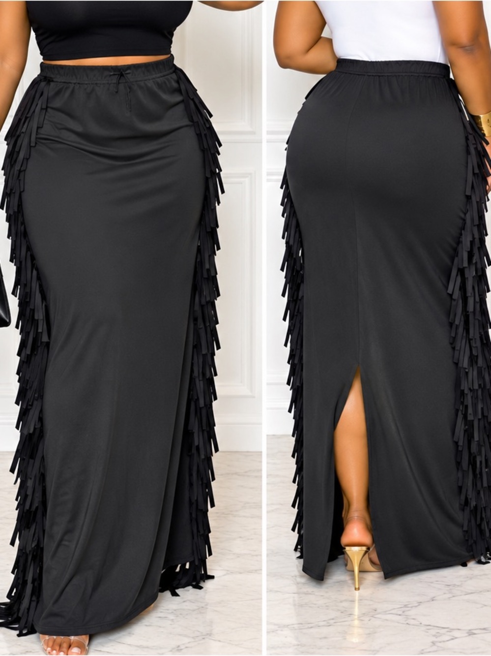 Black Fringe Maxi Skirt - Elegant Side Tassel Design